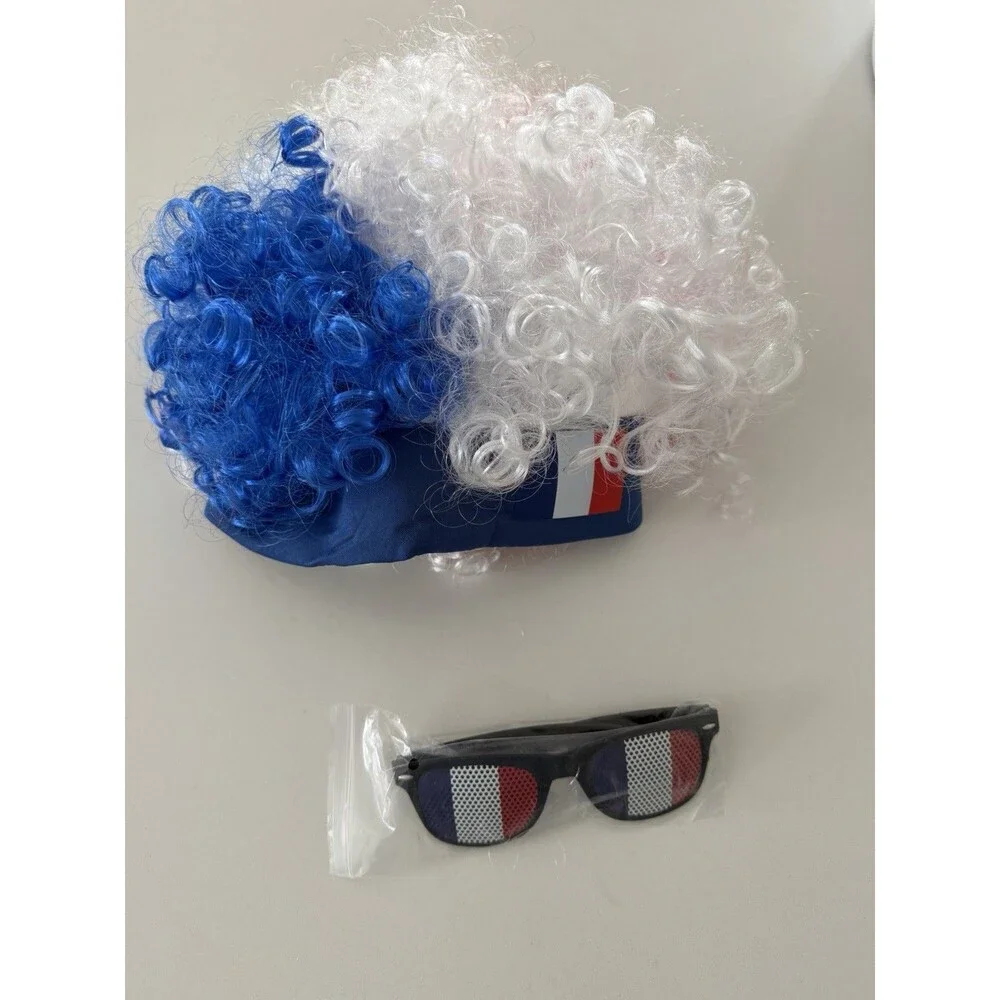 Soccer Match France Flag Color Explosion Hair Wig Fan Hairpiece with glasses